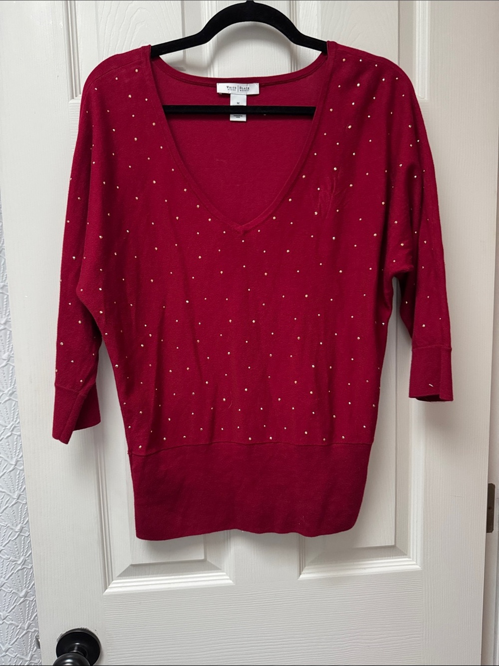 White House Black Market Crimson Red V-Neck Studded Sweater